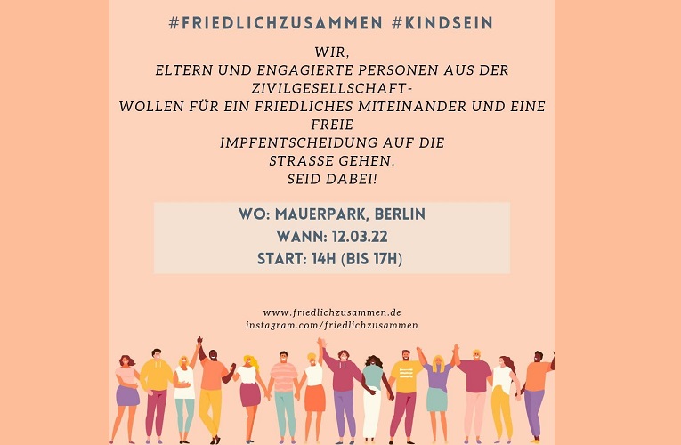 Es geht weiter. Für eine #freieimpfentscheidung, #dasEndeallerMaßnahmen und vor allem für #kindsein demonstrieren wir am 12.3.22 in Berlin. Start ist um 14h am Mauerpark. #friedlichzusammen